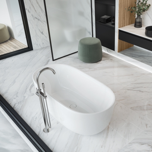 Immagine di Kaldewei MEISTERSTÜCK OYO DUO vasca ovale freestanding L.173 P.82 cm, premontata in fabbrica, con scarico click-clack smaltato e troppopieno di design, colore bianco alpino 205143530001