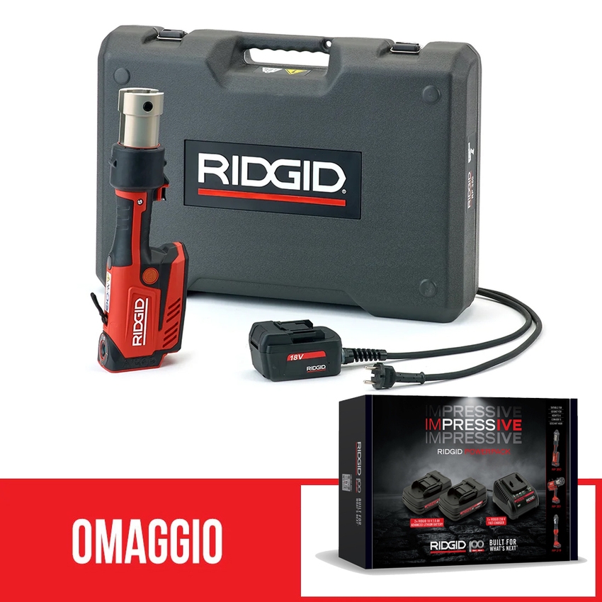 Immagine di Ridgid RP 351-C Pressatrice in linea senza ganasce con adattatore per alimentazione 220 V + omaggio IMPRESSIVE POWERPACK con 2 batterie 18 V 2,0 Ah e caricabatterie rapido 67263+77118