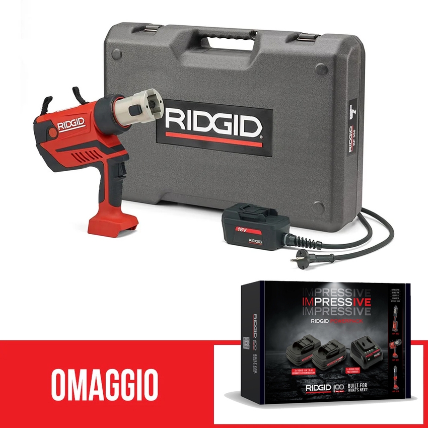 Immagine di Ridgid RP 350-C Pressatrice a pistola senza ganasce con adattatore per alimentazione 220 V + omaggio IMPRESSIVE POWERPACK con 2 batterie 18 V 2,0 Ah e caricabatterie rapido 67123+77118