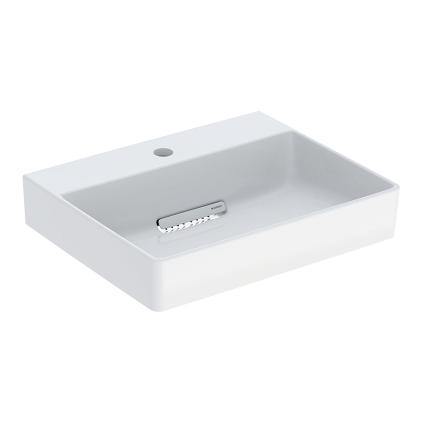 Immagine di Geberit ONE lavabo da appoggio rettangolare L.50 cm, con foro per rubinetteria,  senza troppopieno, con inserto a pettine bianco lucido, colore bianco finitura KeraTect 505.024.00.1