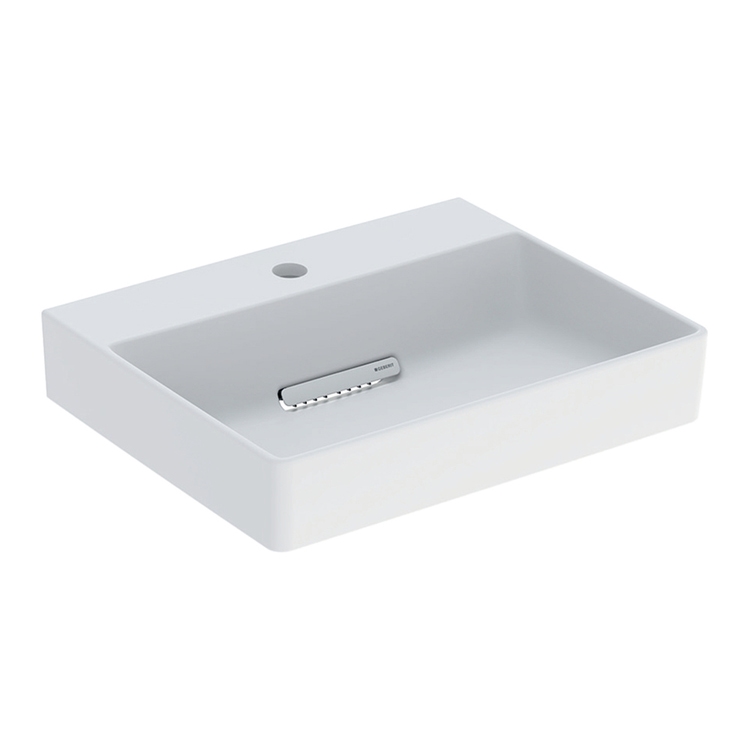 Immagine di Geberit ONE lavabo da appoggio rettangolare L.50 cm, con foro per rubinetteria,  senza troppopieno, con inserto a pettine bianco lucido, colore bianco/KeraTect finitura opaco 505.026.00.1