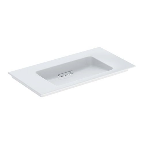 Immagine di Geberit ONE lavabo da incasso L.90 cm, per mobile sottolavabo, senza foro per rubinetteria e senza troppopieno, con ripiano su entrambi i lati, colore bianco finitura KeraTect 505.005.00.1