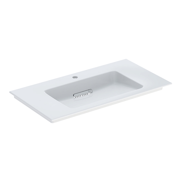 Immagine di Geberit ONE lavabo da incasso L.90 cm, per mobile sottolavabo, con foro per rubinetteria, senza troppopieno, con ripiano su entrambi i lati, colore bianco/KeraTect finitura lucido 505.006.00.1