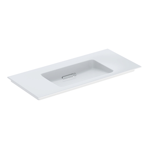 Immagine di Geberit ONE lavabo da incasso L.105 cm, per mobile sottolavabo, senza foro per rubinetteria e senza troppopieno, con ripiano su entrambi i lati, colore bianco finitura KeraTect 505.014.00.1