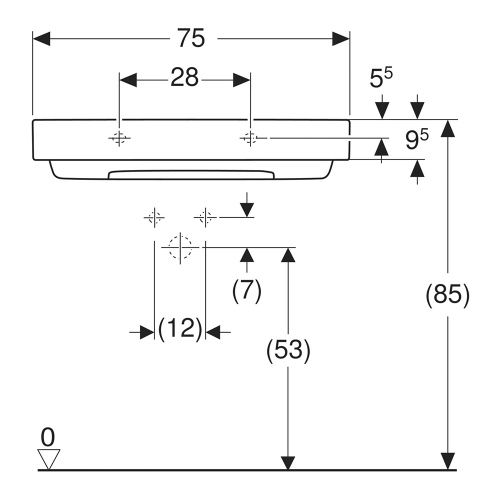 Immagine di Geberit ONE lavabo rettangolare L.75 cm, senza foro per rubinetteria e senza troppopieno, colore bianco finitura KeraTect 505.035.00.1