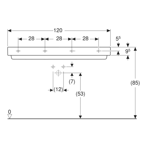 Immagine di Geberit ONE lavabo rettangolare L.120 cm, senza foro per rubinetteria e senza troppopieno, colore bianco finitura KeraTect 505.047.00.1