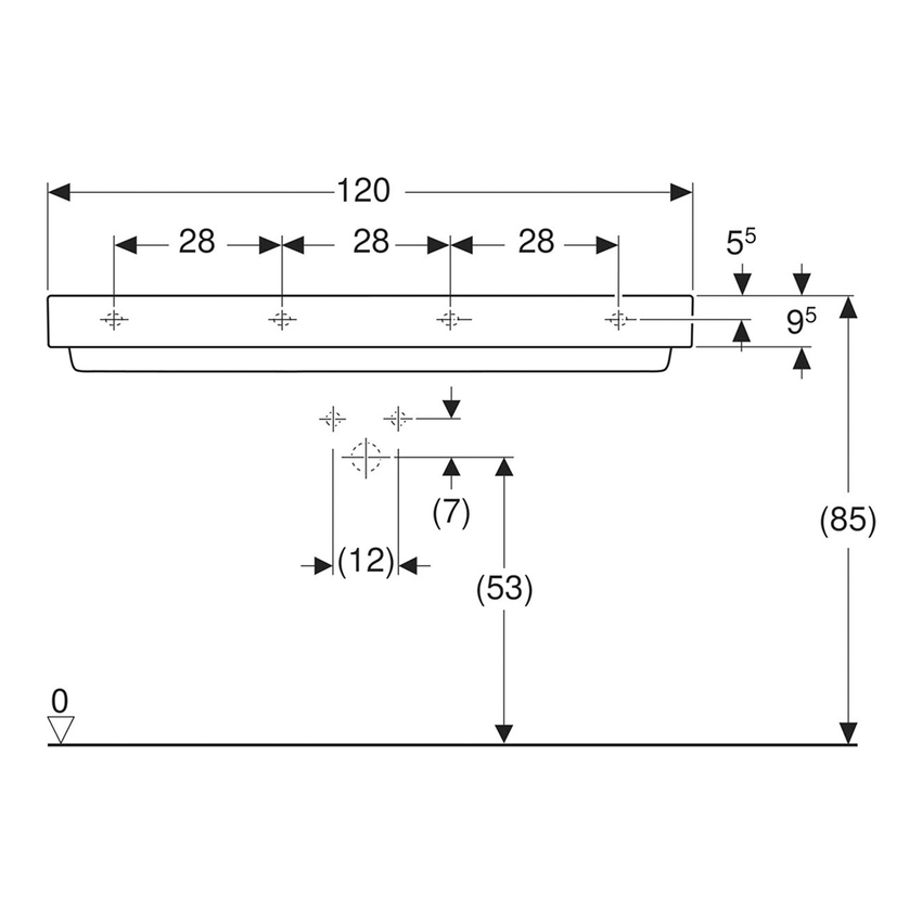 Immagine di Geberit ONE lavabo rettangolare L.120 cm, senza foro per rubinetteria e senza troppopieno, colore bianco finitura KeraTect 505.047.00.1