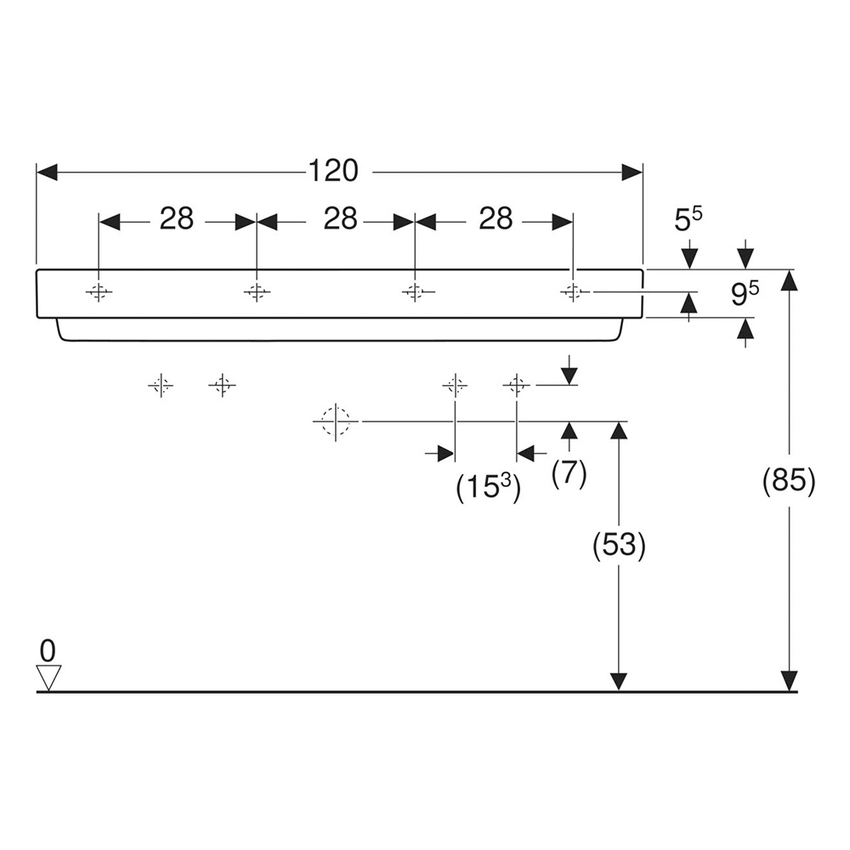 Immagine di Geberit ONE lavabo rettangolare L.120 cm, con 2 fori per rubinetteria, senza troppopieno, colore bianco finitura KeraTect 505.049.00.1
