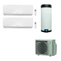 Immagine di Daikin MULTI+ sistema per raffrescamento, riscaldamento e acqua calda sanitaria con serbatoio da 120 L | unità esterna 5.2 kW | unità interne Perfera 9000+9000 BTU 4MWXM52A9-EKHWET120BV3-FTXM[25|25]R