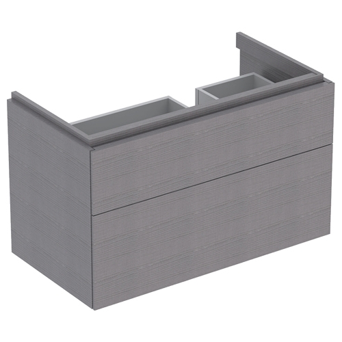 Immagine di Geberit XENO² mobile sottolavabo sospeso L.90 cm, con sifone a sinistra e due cassetti con sistema di apertura a pressione, finitura rovere grigio texturizzato 500.516.43.1