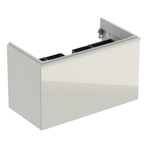 Immagine di Geberit ACANTO mobile sottolavabo sospeso L.90 cm, per lavabo standard e slim, con un cassetto esterno e interno, corpo colore grigio sabbia finitura opaco, cassetti colore grigio sabbia finitura vetro lucido 500.612.JL.1