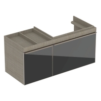 Immagine di Geberit CITTERIO mobile sospeso L.120 cm, con 2 cassetti e contenitore portaoggetti posizionato a sinistra, corpo finitura rovere marrone fumè e cassetti colore nero finitura vetro lucido 500.563.JJ.1