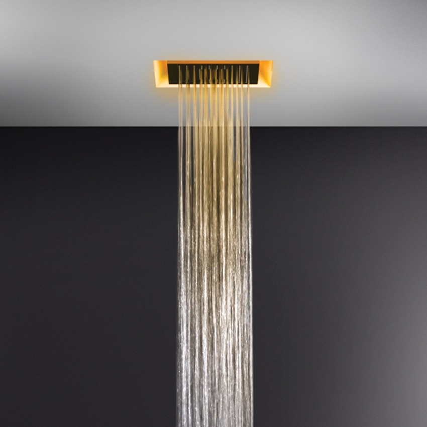 Immagine di Gessi AFILO kit sistema doccia 50 cm a controsoffitto, con cromoterapia e funzione pioggia e cover estetica 50 cm, finitura copper PVD 57501#279+57012#030