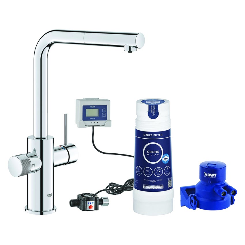 Immagine di Grohe BLUE PURE MINTA miscelatore monocomando per lavello con sistema filtrante dell’acqua e doccetta estraibile finitura cromo lucido 30591000