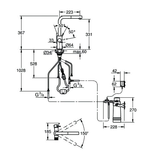 Immagine di Grohe BLUE PURE MINTA miscelatore monocomando per lavello con sistema filtrante dell’acqua e doccetta estraibile, finitura cromo 30591000