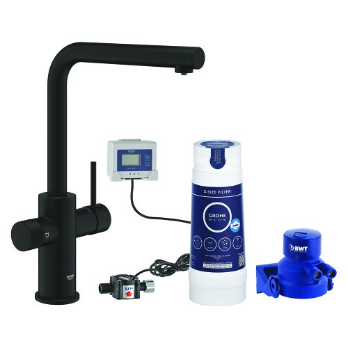 Immagine di Grohe BLUE PURE MINTA miscelatore monocomando per lavello con sistema filtrante dell’acqua e doccetta estraibile, colore nero finitura ultra opaco 1000142