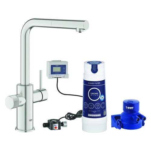 Immagine di Grohe BLUE PURE MINTA miscelatore monocomando per lavello con sistema filtrante dell’acqua e doccetta estraibile, finitura cromo satinato 1000141