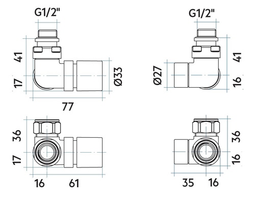 Immagine di Irsap kit valvola SALVASPAZIO sinistra e detentore destro a squadro, termostatizzabile con pre regolazione, attacco rame/multistrato 1/2", finitura cromo VALKITSALVCUS50