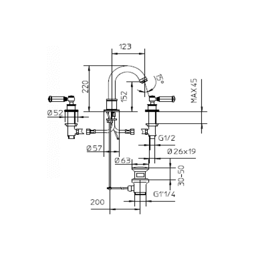 Immagine di Bossini LIBERTY LINE miscelatore per lavabo H.22 cm, 3 fori, con bocca girevole e scarico 1”1/4, finitura nichel spazzolato Z001302094