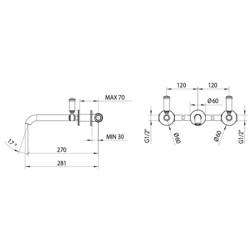 Immagine di Bossini LIBERTY LINE miscelatore ad incasso per lavabo P.28  cm, 3 fori, senza scarico, finitura nichel spazzolato Z001303094