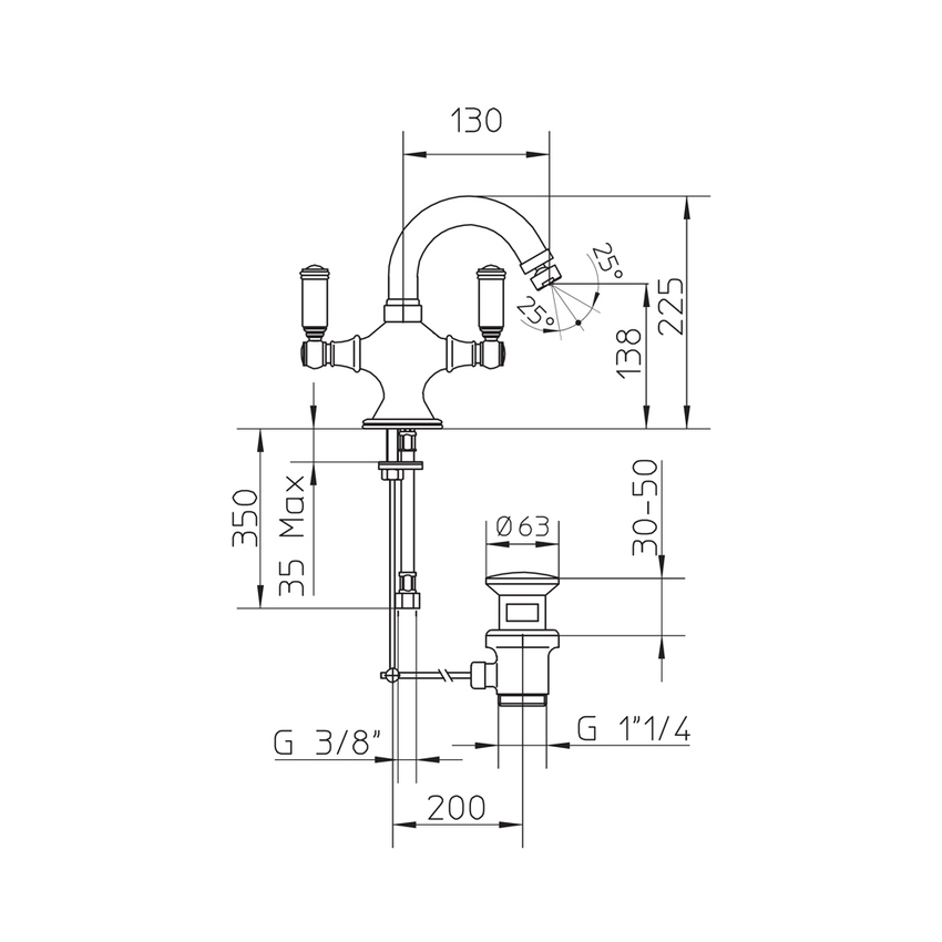 Immagine di Bossini LIBERTY LINE miscelatore per bidet H.23 cm, monoforo, con bocca girevole e scarico 1”1/4, finitura nichel spazzolato Z001401094