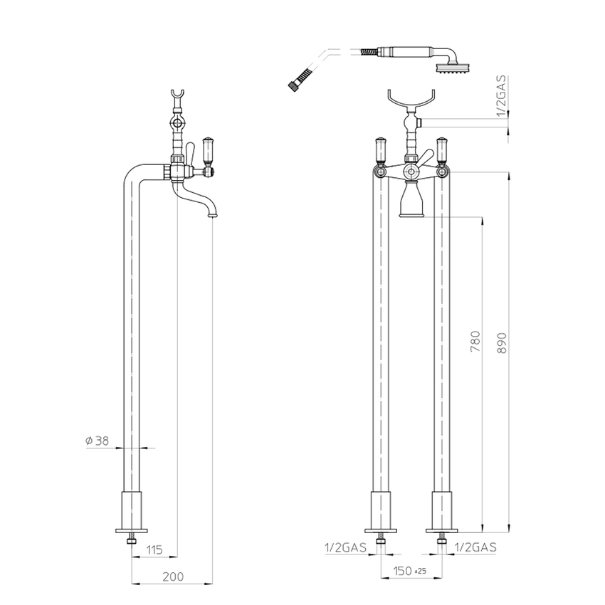 Immagine di Bossini LIBERTY LINE gruppo vasca esterno H.89 cm, con colonna a pavimento, doccia Liberty-Gom, flessibile in ottone con doppia aggraffatura 150 cm, finitura cromo L00130000030008