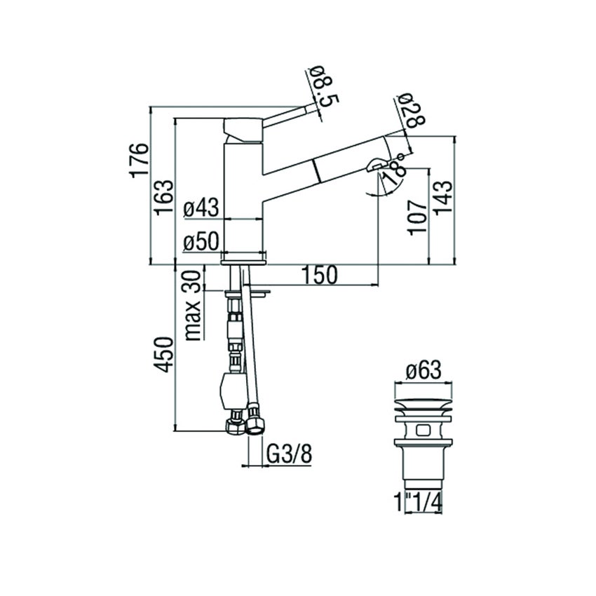 Immagine di Nobili LIVE miscelatore lavabo monocomando con doccetta estraibile, con scarico 1 1/4” push, finitura cromo LV00118/40CR