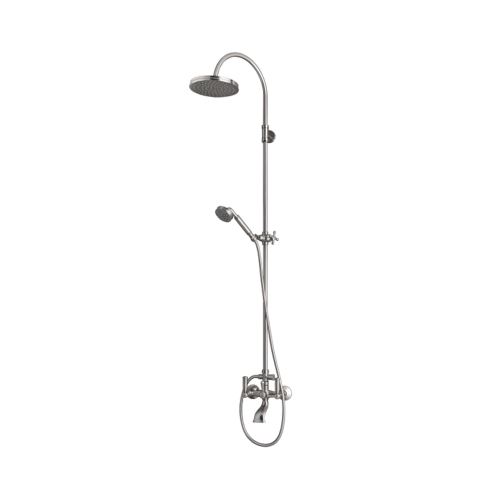 Immagine di Bossini LIBERTY LINE colonna murale in ottone con soffione Ø 21 cm, supporto orientabile, flessibile con doppia aggraffatura 150 cm e gruppo doccia/vasca esterno con deviatore, finitura nichel spazzolato L01203000094008