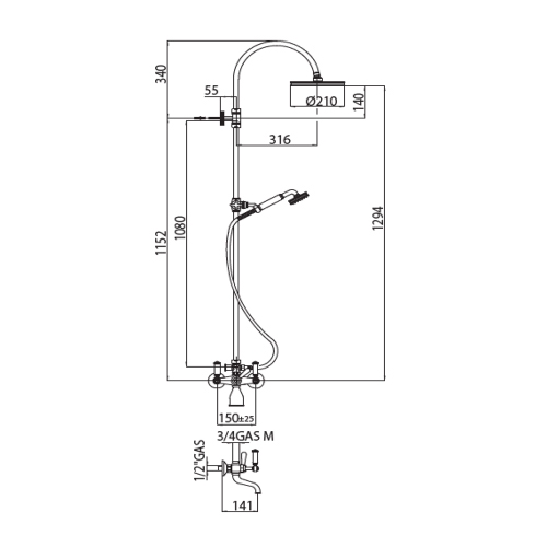 Immagine di Bossini LIBERTY LINE colonna murale in ottone con soffione Ø 21 cm, supporto orientabile, flessibile con doppia aggraffatura 150 cm e gruppo doccia/vasca esterno con deviatore, finitura nichel spazzolato L01203000094008