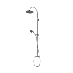 Immagine di Bossini LIBERTY LINE colonna murale in ottone con soffione Ø 21 cm, supporto orientabile, flessibile con doppia aggraffatura 150 cm e deviatore a 2 vie, finitura nichel spazzolato L01202000094008