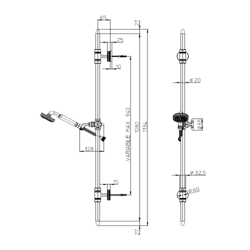 Immagine di Bossini LIBERTY LINE asta murale H.113.4 cm, con supporti regolabili, doccetta Liberty-Gom e flessibile 175 cm, finitura nichel spazzolato D19001600094009
