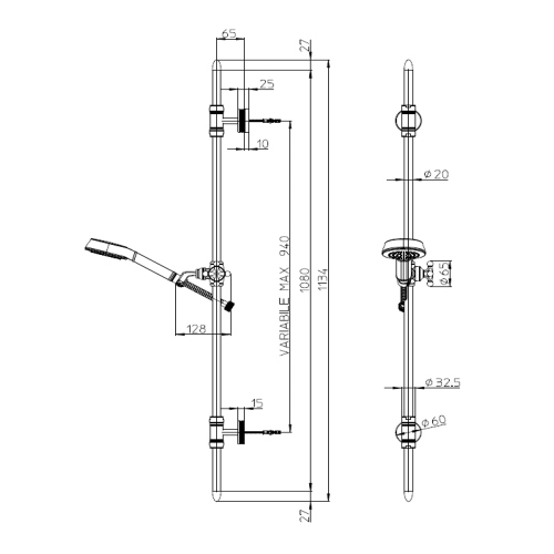 Immagine di Bossini LIBERTY LINE asta murale H.113.4 cm, con supporti regolabili, doccetta Classic/1 e flessibile 175 cm, finitura cromo D19004600030009