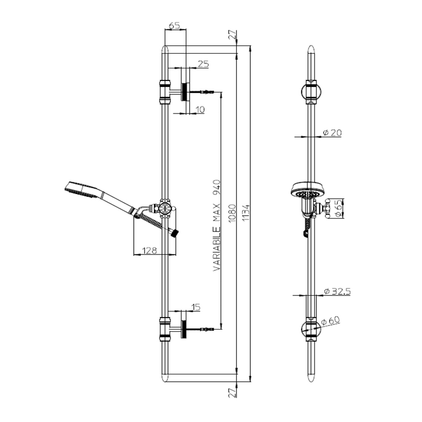 Immagine di Bossini LIBERTY LINE asta murale H.113.4 cm, con supporti regolabili, doccetta Classic/1 e flessibile 175 cm, finitura cromo D19004600030009