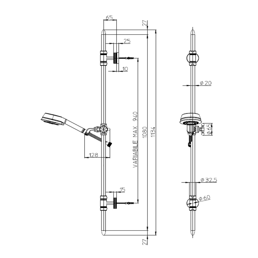 Immagine di Bossini LIBERTY LINE asta murale H.113.4 cm, con supporti regolabili, doccetta Classic e flessibile 175 cm, finitura cromo D19003600030009