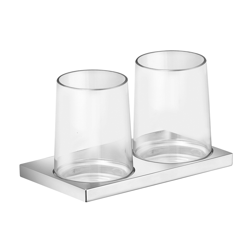 Immagine di Keuco EDITION 11 supporto doppio per bicchieri, completo di 2 bicchieri di cristallo, vetro soffiato, finitura cromo 11151019000