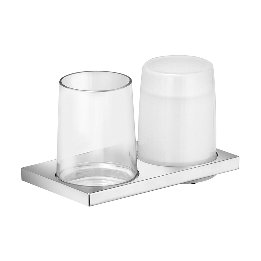 Immagine di Keuco EDITION 11 supporto doppio completo di 1 bicchiere in vetro soffiato e 1 spandisapone con erogatore per sapone liquido, finitura cromo 11153019000