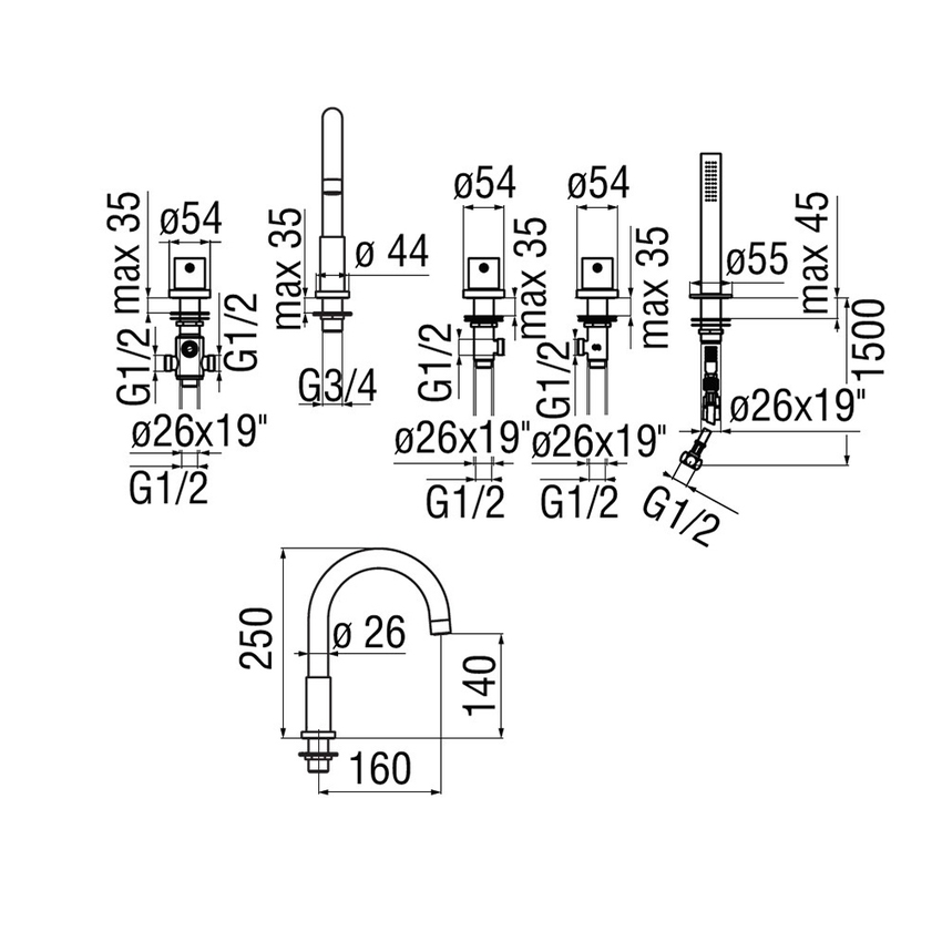 Immagine di Nobili LIVE batteria 5 fori bordo vasca, finitura cromo WEBK204/TCR
