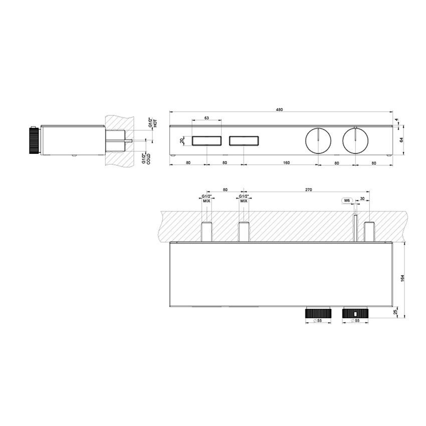 Immagine di Gessi HI-FI SHELF miscelatore termostatico a mensola, a due funzioni indipendenti, con pulsanti on-off, senza corpo incasso, mensola in cristallo temprato nero, finitura cromo 63022#031