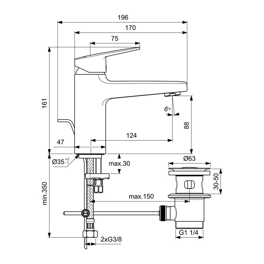 Immagine di Ideal Standard soluzione bagno completo, sanitari sospesi, lavabo 60 cm, vasca rettangolare 170x75, colore bianco finitura lucido, rubinetteria finitura cromo SING9