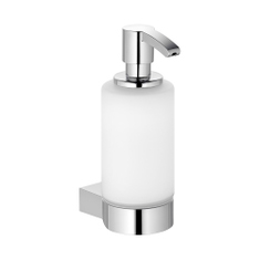 Immagine di Keuco PLAN spandisapone a schiuma con bicchiere in cristallo satinato, completo di supporto ed erogatore, finitura cromo 14957019000