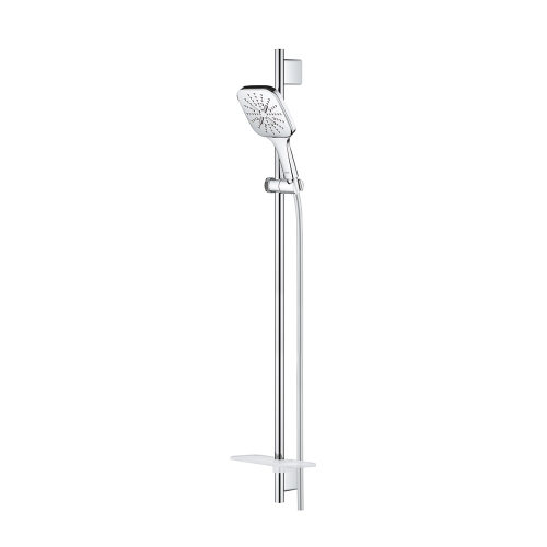 Immagine di Grohe RAINSHOWER SMARTACTIVE 130 CUBE set asta doccia con 3 getti, con manopola doccia, asta doccia, flessibile e mensola porta oggetti, finitura cromo 26586000