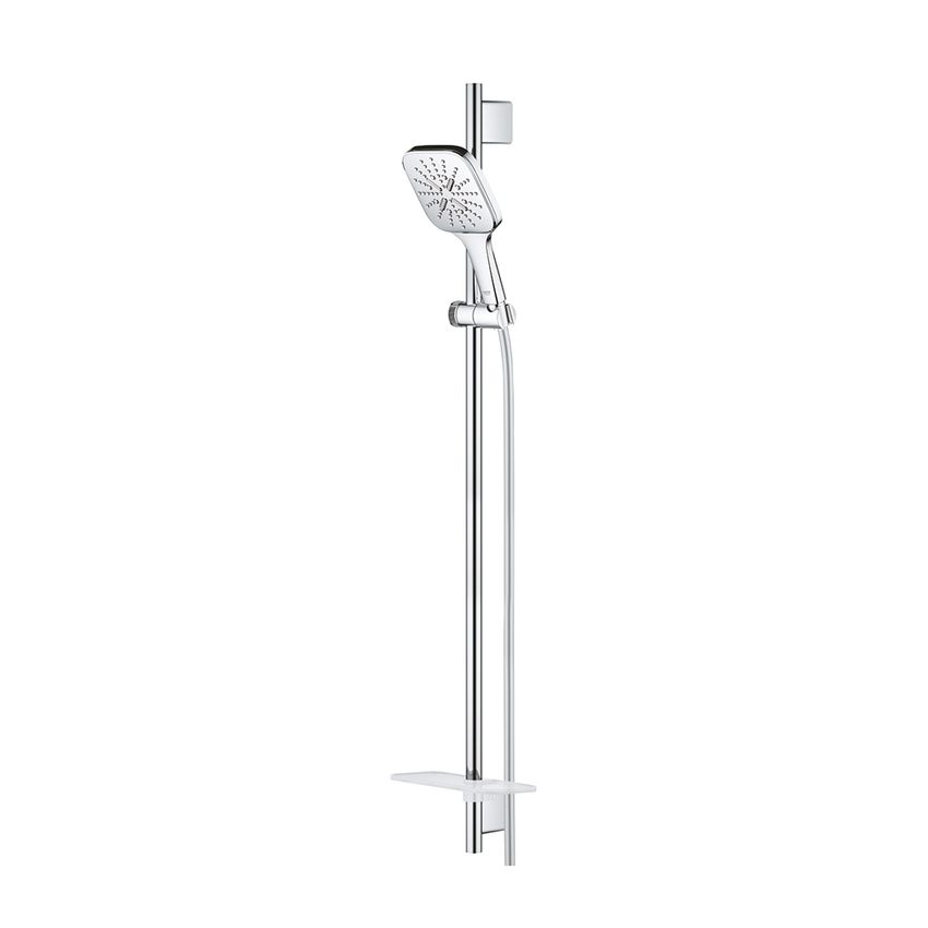 Immagine di Grohe RAINSHOWER SMARTACTIVE 130 CUBE set asta doccia con 3 getti, con manopola doccia, asta doccia, flessibile e mensola porta oggetti, finitura cromo 26586000