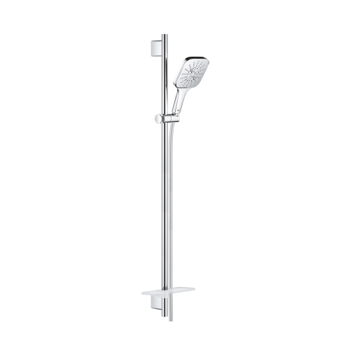 Immagine di Grohe RAINSHOWER SMARTACTIVE 130 CUBE set asta doccia con 3 getti, con manopola doccia, asta doccia, flessibile e mensola porta oggetti, finitura cromo 26586000