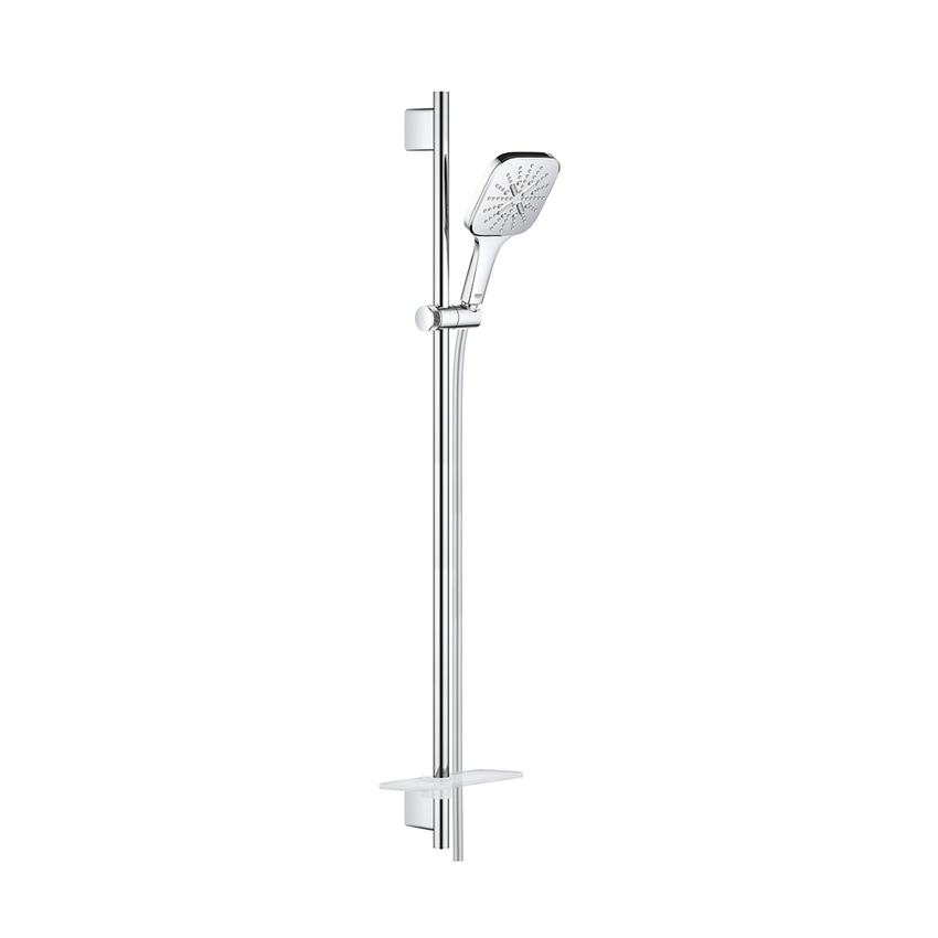 Immagine di Grohe RAINSHOWER SMARTACTIVE 130 CUBE set asta doccia con 3 getti, con manopola doccia, asta doccia, flessibile e mensola porta oggetti, finitura cromo 26586000
