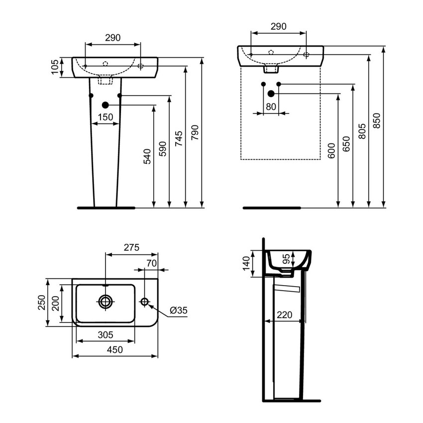 Immagine di Ideal Standard I.LIFE S lavamani L.45 H.25 P.14 cm monoforo, con foro del troppopieno, colore bianco finitura lucido T458601