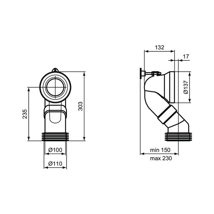 Ideal Standard T682067 Curva tecnica per scarico a pavimento regolabile da  18.5 a 20 cm