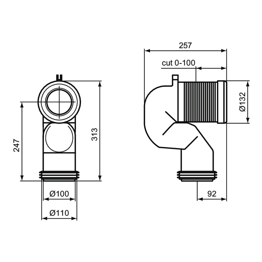 Immagine di Ideal Standard Curva tecnica per scarico a pavimento regolabile da 16 a 20 cm T002667
