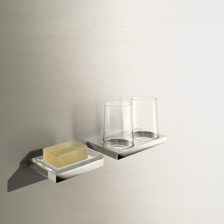 Immagine di Keuco EDITION 11 supporto doppio per bicchieri, completo di 2 bicchieri di cristallo, vetro soffiato, finitura cromo 11151019000