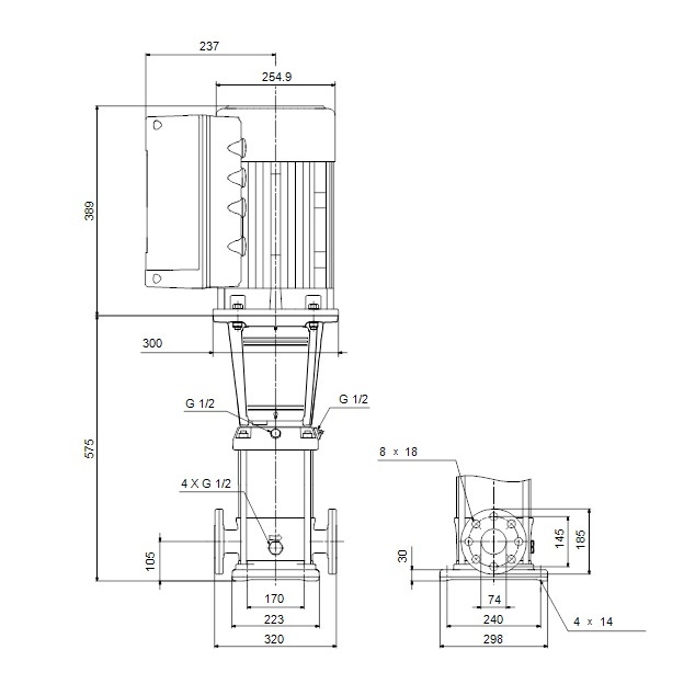 Immagine di Grundfos CRE 32-2 A-F-A-E-HQQE Pompa centrifuga multistadio verticale con convertitore di frequenza integrato nel motore, componenti in acciaio inox (EN 1.4301) 99071953