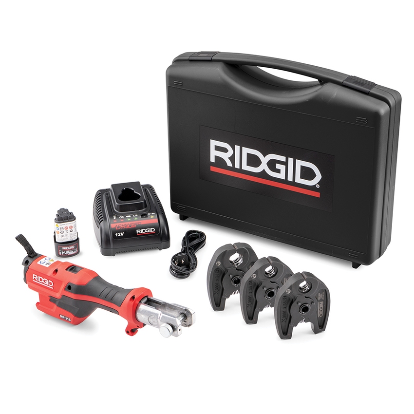 Immagine di Ridgid RP 115 Pressatrice 15 kN a batteria con caricabatterie da 12 V, batteria al litio Advanced 12 V 2.5 Ah, cassetta di trasporto e ganasce TH16-20-26 76968